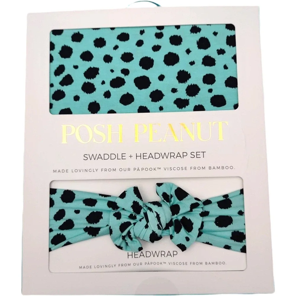 Posh Peanut Pebbles Swaddle Blanket‎ Headwrap Bow Set Teal Black Dots Cheetah